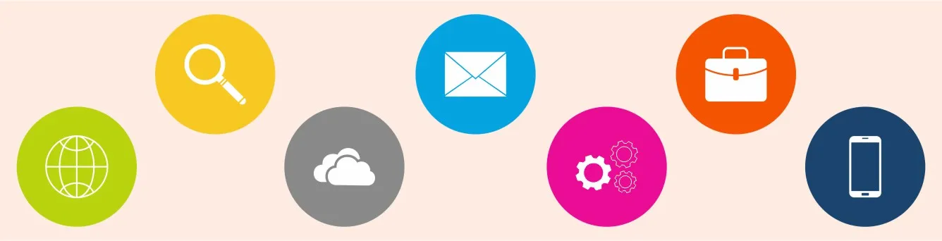 Diversos símbolos de aplicações do mundo digital (correio, nuvem, telemóvel, internet, ...)