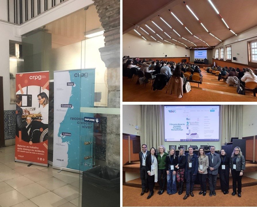 Montagem de 3 fotografias. uma onde é possivel ver os roll-ups do CRPG à entrada no Encontro, outra do auditorio cheio, com pessoas a assistir a apresentações, e outra do grupo organizador alinhados lado-a-lado