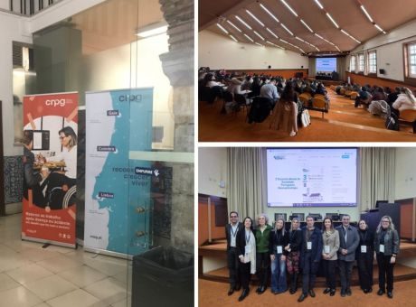 Montagem de 3 fotografias. uma onde é possivel ver os roll-ups do CRPG à entrada no Encontro, outra do auditorio cheio, com pessoas a assistir a apresentações, e outra do grupo organizador alinhados lado-a-lado