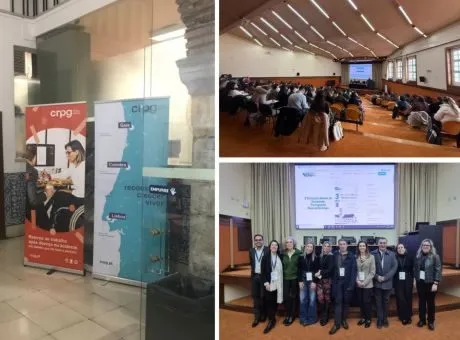 Montagem de 3 fotografias. uma onde é possivel ver os roll-ups do CRPG à entrada no Encontro, outra do auditorio cheio, com pessoas a assistir a apresentações, e outra do grupo organizador alinhados lado-a-lado