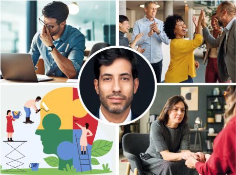 montagem de fotografias. Pessoa a esfregar os olhos, pessoas a bater palmas, pessoas sentadas frente a frente a escutar, fotografia do autor