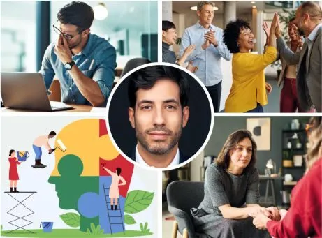 montagem de fotografias. Pessoa a esfregar os olhos, pessoas a bater palmas, pessoas sentadas frente a frente a escutar, fotografia do autor