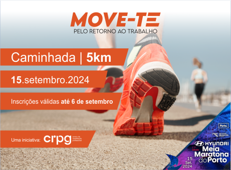 MOVE-TE pelo retorno ao trabalho, Caminhada de 5jm, 15 de setembro de 2024, Incrições válidas até 6 de setembro. Fotografia de umas sapatilhas de fundo.