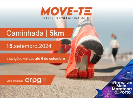 MOVE-TE pelo retorno ao trabalho, Caminhada de 5jm, 15 de setembro de 2024, Incrições válidas até 6 de setembro. Fotografia de umas sapatilhas de fundo.