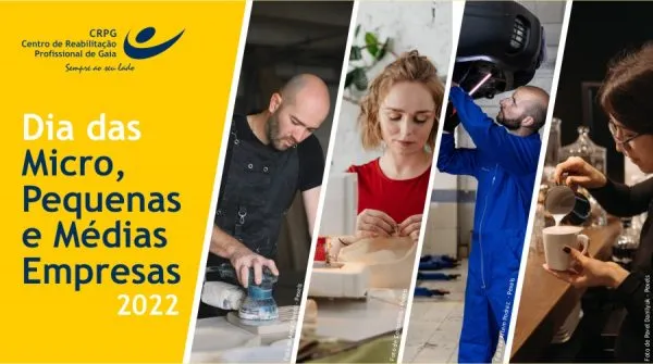 Banner do Dia das Micro, Pequenas e Médias Empresas com fotografias de pessoas a exercer cada uma, uma atividade profissional diferente