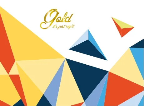 figuras triangulares azuis, amarelas e laranja com inscrição em dourado