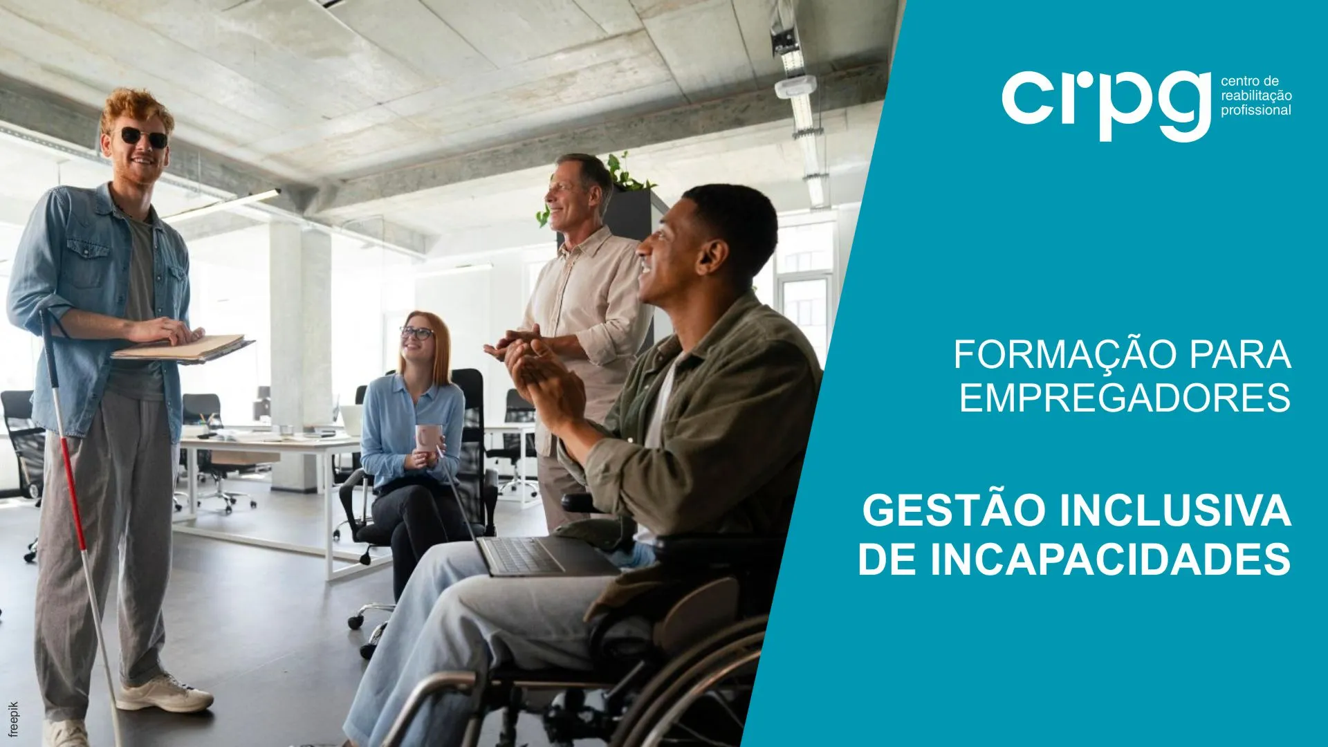 Formação para empregadores - Gestão inclusiva de incapacidades
Logótipo do CRPG
Três homens e uma mulher, em conjunto, dos quais um está a ler Braille e outro usa cadeira de rodas. Crédito da imagem: Freepik