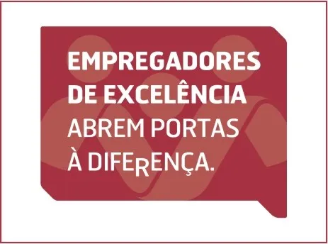 Balão de fala vermelho com ícone + Inscrição: "Empregadores de Excelência Abrem Portas à Diferença"