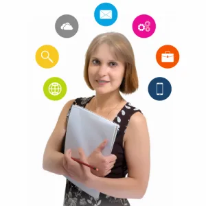 Imagem de pessoa com caderno e lápis, e diversos icons da internet à volta dela.
