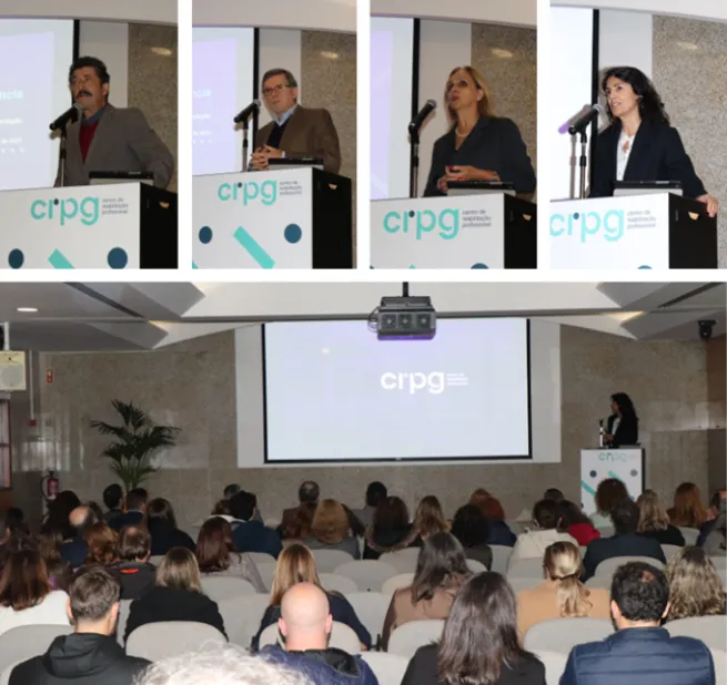 fotografia das pessoas no auditório a assistirem à apresentação. Montagem de fotografias dos intervenientes no púlpito, Dr.António Costa, Dr. Jerónimo Sousa, Dra. Carla Rocha, Dra. Mónica Salazar