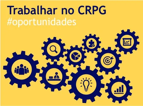 Rodas dentadas com ícones, no interior, em fundo amarelo + Inscrição: "Trabalhar no CRPG #oportunidades"
