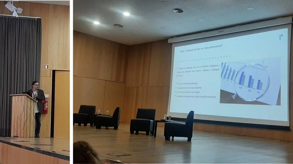 montagem de duas fotografias. fotografia do orador durante a sua apresentação e fotografia da sua apresentação projetada no palco