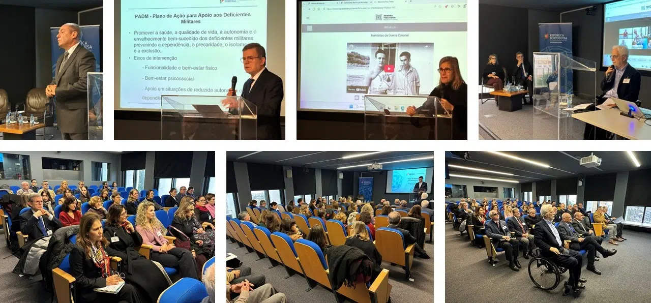 apresentacaomemoriasdaguerra montagem de fotografias da sessão de apresentação. Pessoas sentadas a assistir a apresentação dos oradores