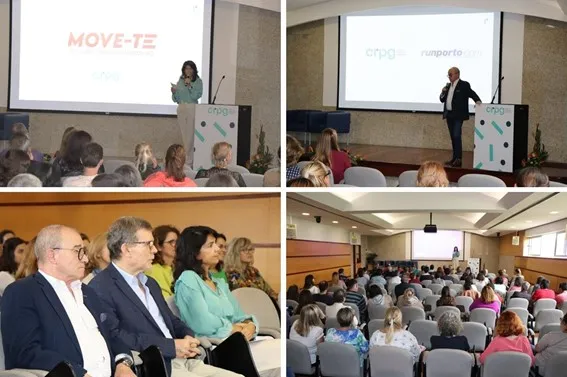Montagem de fotografias. Dra Mónica, no palco, durante a sua apresentação, Jorge Teixeira, no palco, durante a sua apresentação, auditório a assistir a apresentação