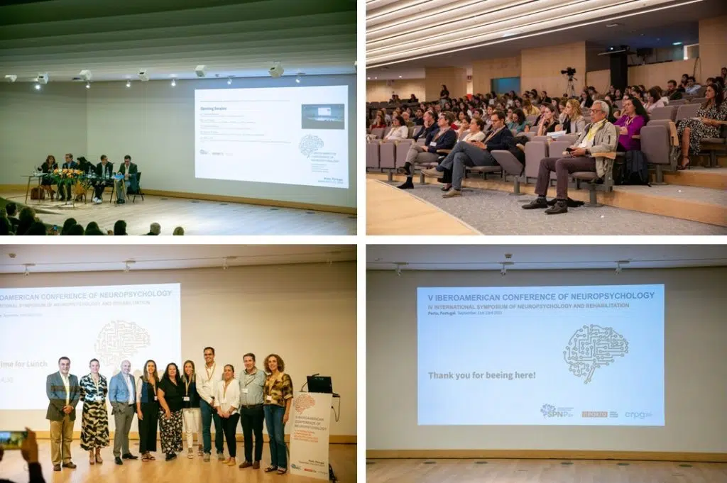 montagem de fotografias de vários momentos do congresso. Fotografia de 4 oradores no palco, fotografia da plateia, fotografia da equipa organizadora no palco, fotografia da apresentação projetada na parede