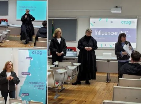 montagem de três fotografias.Formadores a falar com projeção da apresentação na parede