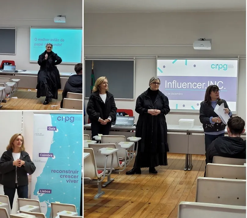 montagem de três fotografias. Formadores a falar com projeção da apresentação na parede