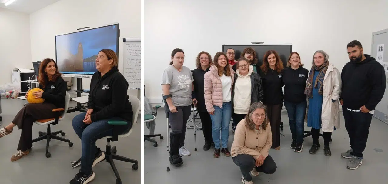projeto sexto sentido no CRPG montagem de duas fotografias.
Uma fotografia de duas pessoas sentadas a apresentarem o projeto Sexto Sentido. Outra fotografia de todos os participantes na sessão lado a lado a pousar para a fotografia.