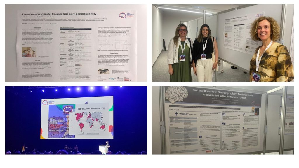 Montagem de 4 fotografias. 3 pessoas a sorrir a olhar para a fotografia com o poster como pano de fundo. 2 fotografias do poster exposto. 1 fotografia de pessoa no púlpito durante a sua apresentação