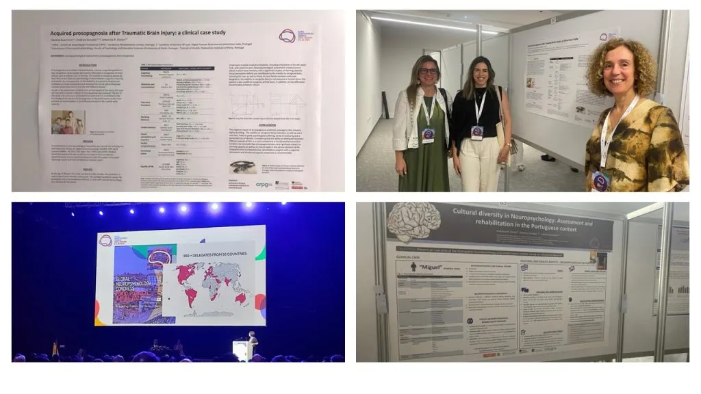 Montagem de 4 fotografias. 3 pessoas a sorrir a olhar para a fotografia com o poster como pano de fundo. 2 fotografias do poster exposto. 1 fotografia de pessoa no púlpito durante a sua apresentação