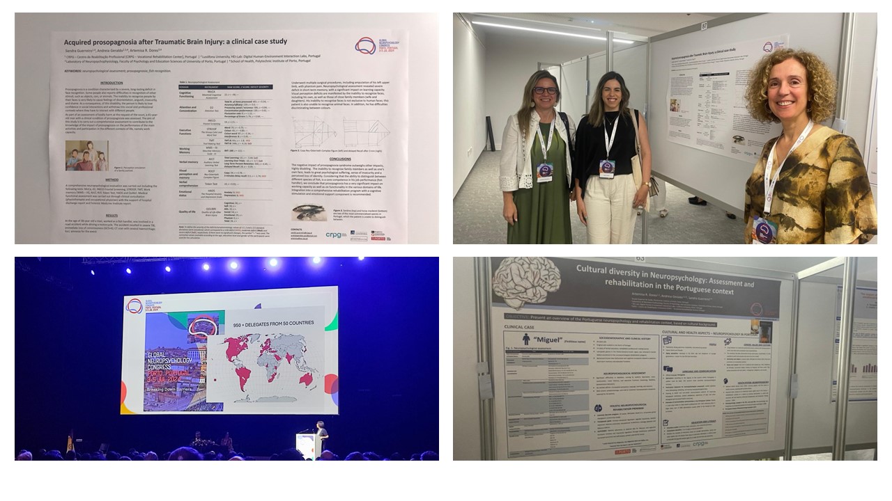 Montagem de 4 fotografias. 3 pessoas a sorrir a olhar para a fotografia com o poster como pano de fundo. 2 fotografias do poster exposto. 1 fotografia de pessoa no púlpito durante a sua apresentação