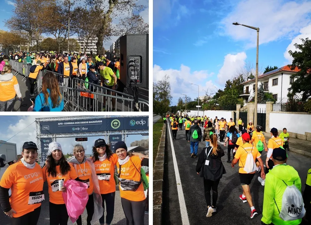 montagem de pessoas durante a caminhada. Fotografia no início na caminha enquanto aguarda a partida, fotografia na avenida da boavista a caminhar e fotografia de grupo na meta da caminhada