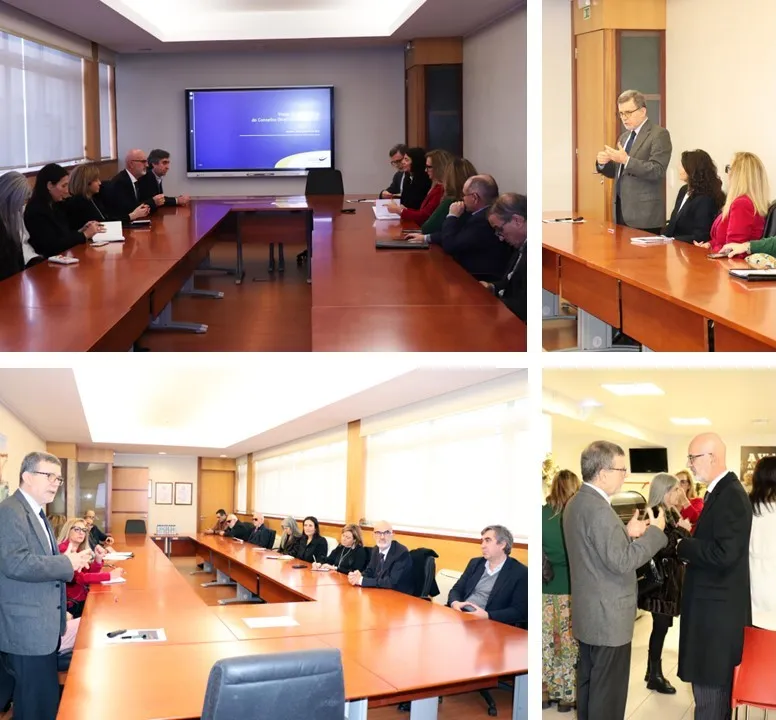 conjunto de 4 fotografias. fotografias da sala de reunião com Diretor e conselho administrativo do CRPG e Presidente e respetiva comitiva do IEFP. Outra fotografia de uma conversa mais informal entre o Diretor do CRPG e o Presidente do IEFP no bar do CRPG