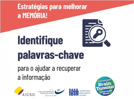 Cartaz Semana de Sensibilização para os Tumores Cerebrais. Estratégia para melhorar a Memória! Identifique as palavras-chave para o ajudar a recuperar a informação