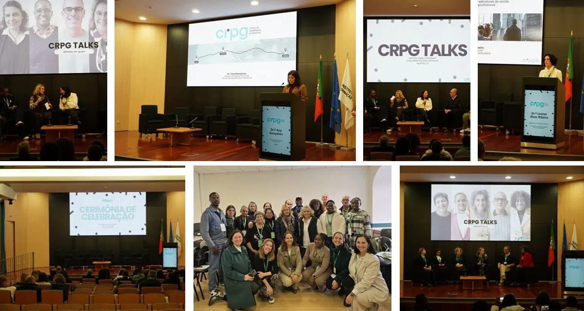 sessao de celebracao RCDOLisboa montagem de 5 fotografias. Um fotografia de grupo onde estão a olhar para a fotografia a sorrir. Outras 4 fotografias da sessão com pessoas no palco