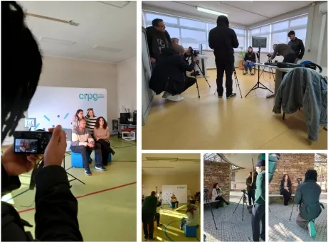 Montagem de fotografias de pessoas a fotografar e a filmar outras