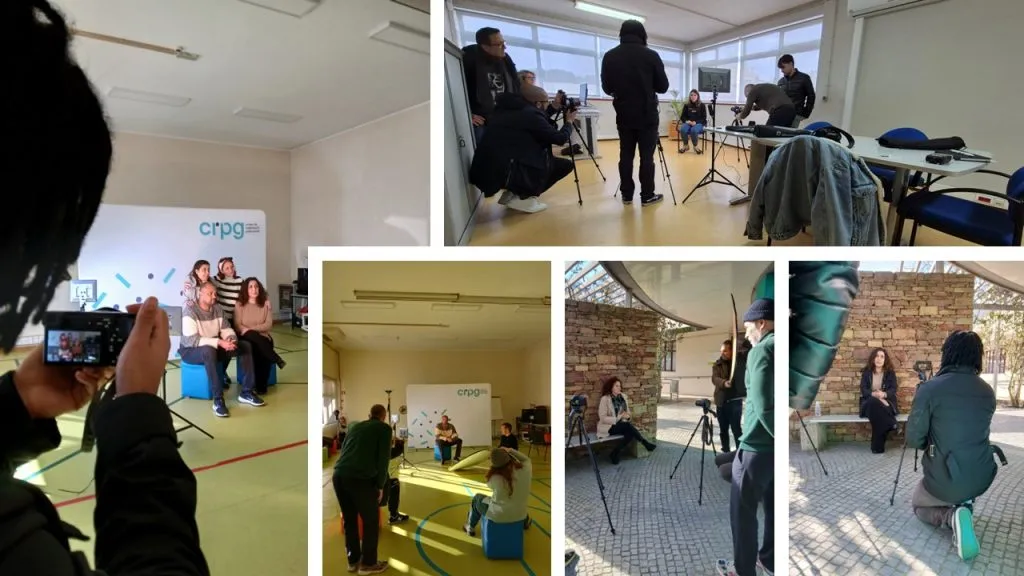 Montagem de fotografias de pessoas a fotografar e a filmar outras