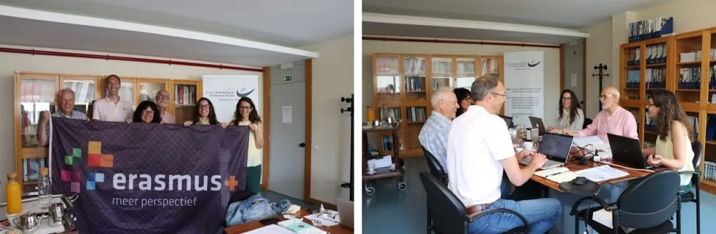 montagem de fotografia do grupo de trabalho a segurar a bandeira erasmus+ meer perspectief e outra fotografia à mesa durante uma sessão de trabalho