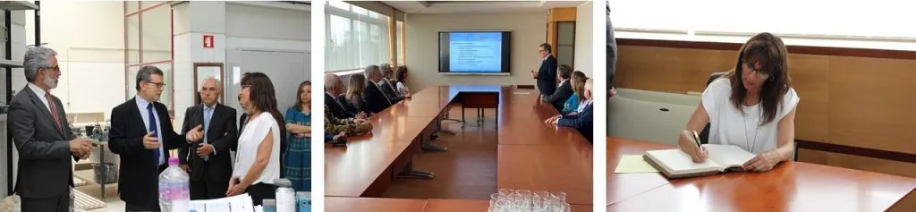 montagem de fotografias de ministra da defesa nacional a visitar as instalações do CRPG, durante reunião, a escrever no livro de honra CRPG